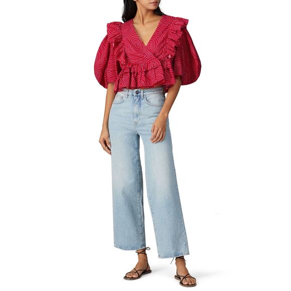 RHODE Red Printed 100% Cotton Short Sleeve V-Neckline Puff Sleeves Top size XL - Picture 13 of 16